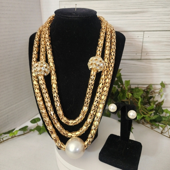 Statement 3 Strand Gold Mesh Necklace with Pearl and CZ Stones Set - Picture 1 of 9